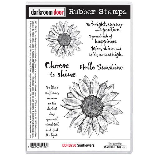 Darkroom Door - Rubber Stamp Set - Sunflowers. Darkroom Door Rubber Stamp Sets are mounted on cling foam and supplied in a DVD size storage case with a labelled spine for easy identification. Available at Embellish Away located in Bowmanville Ontario Canada.