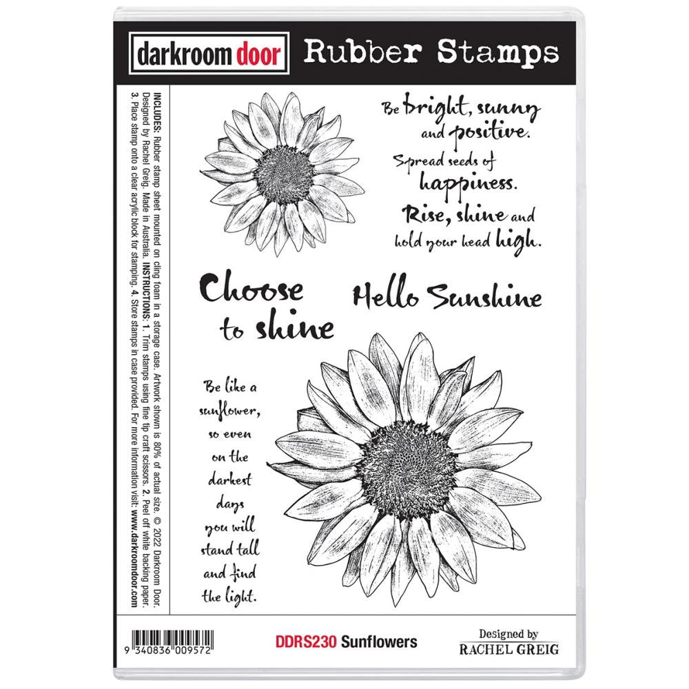 Darkroom Door - Rubber Stamp Set - Sunflowers. Darkroom Door Rubber Stamp Sets are mounted on cling foam and supplied in a DVD size storage case with a labelled spine for easy identification. Available at Embellish Away located in Bowmanville Ontario Canada.