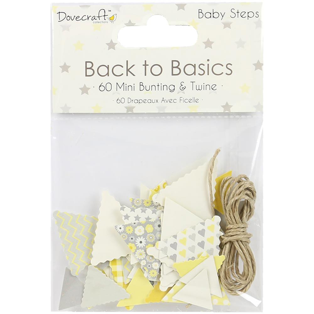 Dovecraft - Back To Basics Mini Bunting & Twine 60/Pkg - Baby Steps. This loveable selection will be fantastic to use for your newborn and birthday makes. This 3.75x5.625 inch package contains 60 pre-cut mini bunting pieces and twine. Imported. Available in Bowmanville Ontario Canada.