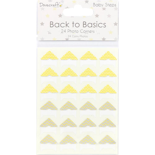 Dovecraft - Back To Basics Photo Corners 24/Pkg - Baby Steps. Make your memories even more endearing by adding these photo corners to your favorite snaps in your scrapbooks and papercraft projects. This 3.75x7.5 inch package contains 24 photo corner stickers in two designs. Imported. Available at Embellish Away located in Bowmanville Ontario Canada.