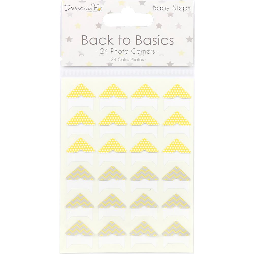 Dovecraft - Back To Basics Photo Corners 24/Pkg - Baby Steps. Make your memories even more endearing by adding these photo corners to your favorite snaps in your scrapbooks and papercraft projects. This 3.75x7.5 inch package contains 24 photo corner stickers in two designs. Imported. Available at Embellish Away located in Bowmanville Ontario Canada.
