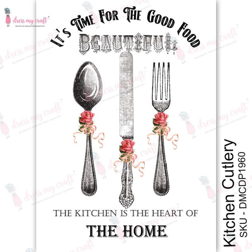 Dress My Craft - Transfer Me Sheet A4 - Kitchen Cutlery. A unique product that can enhance the look of any surface. It can be used on wood, metal, plastic, leather, marble, glass, sunmica and more. Available in Bowmanville Ontario Canada.