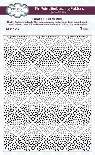 Creative Expressions - Pinpoint Embossing Folder - 5 3/4 x 7 1/2 - Graded Diamonds. Graded Diamonds Pinpoint Embossing Folder shows diamonds in a pinpoint pattern. Available at Embellish Away located in Bowmanville Ontario Canada.