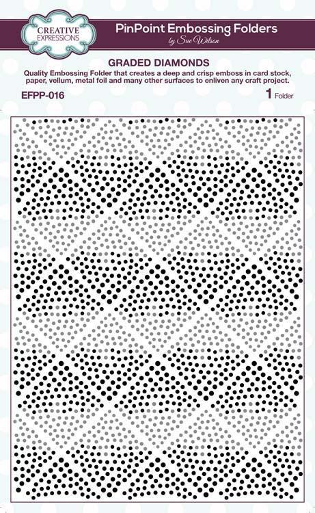 Creative Expressions - Pinpoint Embossing Folder - 5 3/4 x 7 1/2 - Graded Diamonds. Graded Diamonds Pinpoint Embossing Folder shows diamonds in a pinpoint pattern. Available at Embellish Away located in Bowmanville Ontario Canada.