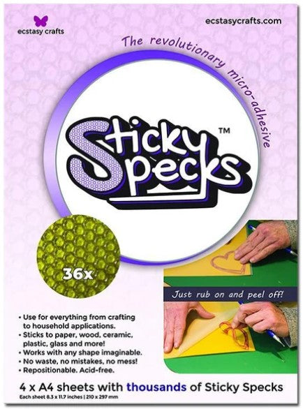 Ecstasy Crafts - Sticky Specks Micro Adhesive - 4 A4 Sheets. No more mess! A micro dot adhesive that will make your crafting so much easier. Available at Embellish Away located in Bowmanville Ontario Canada.