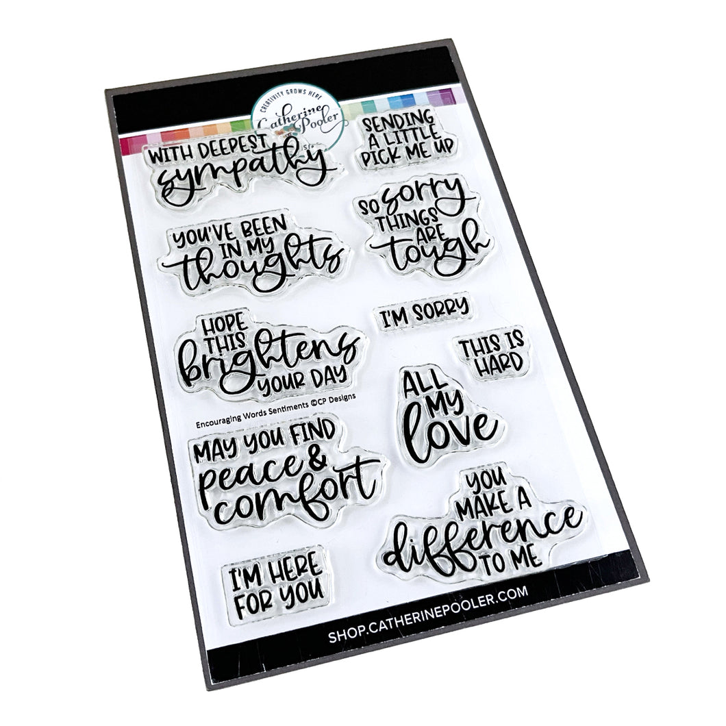 Catherine Pooler - Sentiments Stamp Set - Encouraging Words. The Encouraging Word Sentiments Stamp Set has kind and thoughtful sentiments for so many occasions. Available at Embellish Away located in Bowmanville Ontario Canada.