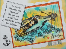 Load image into Gallery viewer, Woodware - Clear Singles - Message in a Bottle. This clear stamp set designed by Francoise Read produces a variety of nautical themed images, including a message in a bottle, a lighthouse, rope, bubbles and the sentiments &quot;By the Sea&quot; and &quot;Dream&quot;. Available at Embellish Away located in Bowmanville Ontario Canada. Example by brand ambassador.
