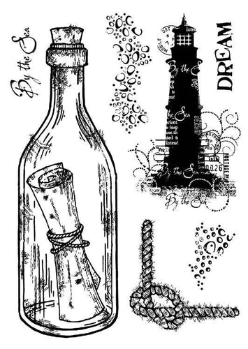 Woodware - Clear Singles - Message in a Bottle. This clear stamp set designed by Francoise Read produces a variety of nautical themed images, including a message in a bottle, a lighthouse, rope, bubbles and the sentiments 