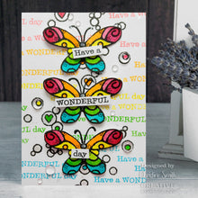 Load image into Gallery viewer, Woodware - Clear Stamp Singles -  Long Tag Wishes. The tag and caring words can be added to your cards, scrapbooking projects and so much more! Great for mixed media. Designed by Francoise Read. Available at Embellish Away located in Bowmanville Ontario Canada. Example by Christine Smith.
