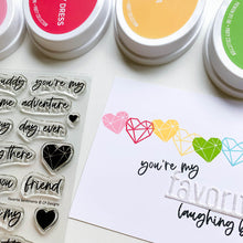 Load image into Gallery viewer, Catherine Pooler - Sentiments Stamp Set - Favorite Day Ever. They say you shouldn&#39;t have a favorite, but this stamp set might become one of yours! The Favorite Day Ever Sentiments Stamp Set contains mix and match sentiment stamps for creating the perfect greeting for all your favorite people. Tell them &quot;you will always be my favorite&quot; or &quot;you&#39;re my favorite partner in crime&quot;. This set was designed to coordinate with our Favorite on a Line Die. Available at Embellish Away located in Bowmanville Ontario Canad
