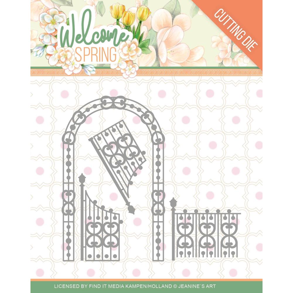 Find It Trading - Jeanine's Art Die - Arch & Fence, Welcome Spring. This set includes 4 dies: Archway, 2 Gate pieces and a Fence piece. Available at embellishaway.ca in Bowmanville Ontario Canada.