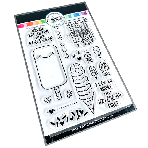 Catherine Pooler - Stamp Set - First, Ice Cream. Beat the heat with a cool treat and enjoy the little things with this month's Canvo theme - First, Ice Cream! This set of ice cream stamps includes a 7 scoop tracker stamp and an adorable ice cream bar that is perfect for your daily to-dos. The cherry bullets stamp is perfect for checking those lists.  Available at Embellish Away located in Bowmanville Ontario Canada.