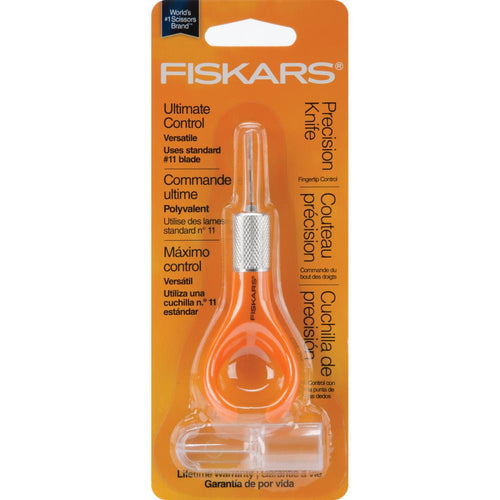 FISKARS-Fingertip Control Craft Knife. Complete control is finger and be used similar to a writing utensil to give you maximum control. Knife measures 4x1-1/4in. this package contains one craft knife with removable blade and one plastic cover. Imported. Available at Embellishaway.ca in Bowmanville Ontario Canada.