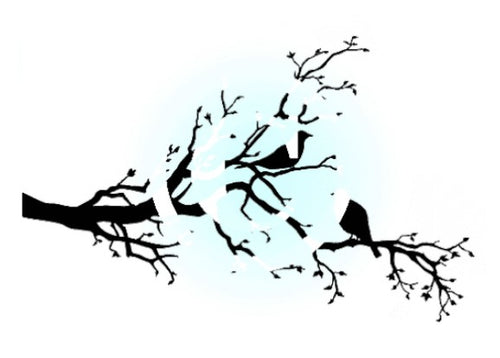 Frog's Whiskers Ink - Stamps - Birds in a Tree. This Rubber Cling Stamp is a silhouette of birds resting on a tree branch. A beautiful addition to Spring collections.  Size: 3.5 x 5 inches. Available in Bowmanville Ontario Canada