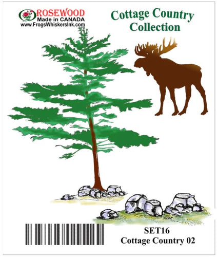 Frog's Whiskers Ink - Stamps - Cottage Country 02. This stamp set will make beautiful additions to your nature cards and projects! Includes rocks, a moose and a pine tree. Perfect for building a scene.  Includes 3 stamps - Rocks(CC356), Moose(CC1109), Northern Pine & Rocks(CJ338) Available at Embellish Away located in Bowmanville Ontario Canada.