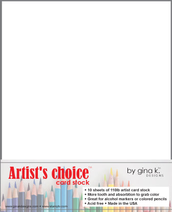 Gina K. Designs - Cardstock - White Artist's Choice. Gina K. Designs Artist's Choice 110lb White Card Stock 10 sheets of 110lb ultra white card stock More tooth and absorption to grab color Great for alcohol markers and colored pencils Perfect for card making, card bases and layers Acid free, made in the USA. Available at Embellish Away located in Bowmanville Ontario Canada.