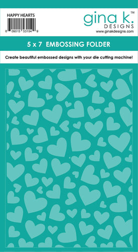  Gina K. Designs - Embossing Folder - Happy Hearts. Our embossing folders create deeply etched designs for a truly dimensional effect. They can also be used for a variety of fun cardmaking techniques. Embossing folders measure 5 x 7 inches. Available at Embellish Away located in Bowmanville Ontario Canada.