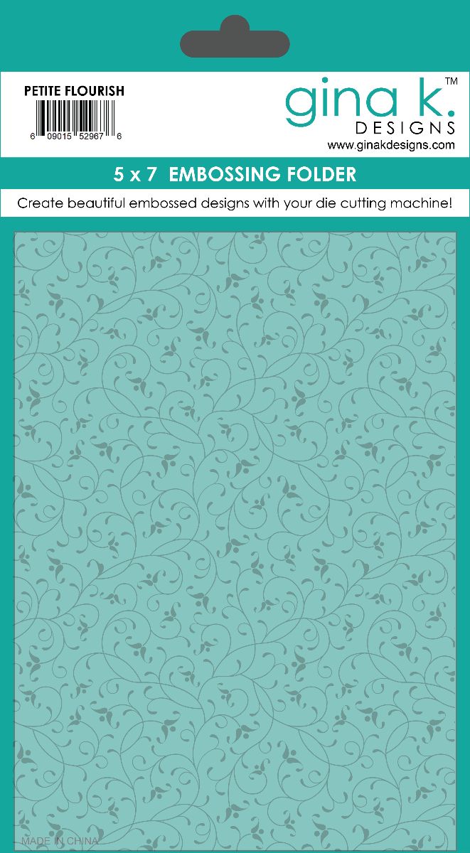 Gina K. Designs - Embossing Folder - Petite Flourish. Our embossing folders create deeply etched designs for a truly dimensional effect. They can also be used for a verity of fun cardmaking techniques. Embossing folders measure 5 x 7 inches. Available at Embellish Away located in Bowmanville Ontario Canada.