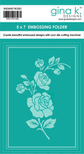 Load image into Gallery viewer, Gina K. Designs - Embossing Folder - Radiant Roses. This embossing folders create deeply etched designs for a truly dimensional effect. They can also be used for a variety of fun cardmaking techniques. Embossing folders measure 5 x 7 inches. Available at Embellish Away located in Bowmanville Ontario Canada.
