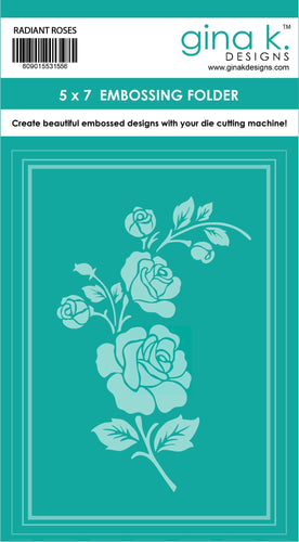 Gina K. Designs - Embossing Folder - Radiant Roses. This embossing folders create deeply etched designs for a truly dimensional effect. They can also be used for a variety of fun cardmaking techniques. Embossing folders measure 5 x 7 inches. Available at Embellish Away located in Bowmanville Ontario Canada.