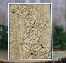 Load image into Gallery viewer, Gina K. Designs - Embossing Folder - Radiant Roses. This embossing folders create deeply etched designs for a truly dimensional effect. They can also be used for a variety of fun cardmaking techniques. Embossing folders measure 5 x 7 inches. Available at Embellish Away located in Bowmanville Ontario Canada. Example by brand ambassador.
