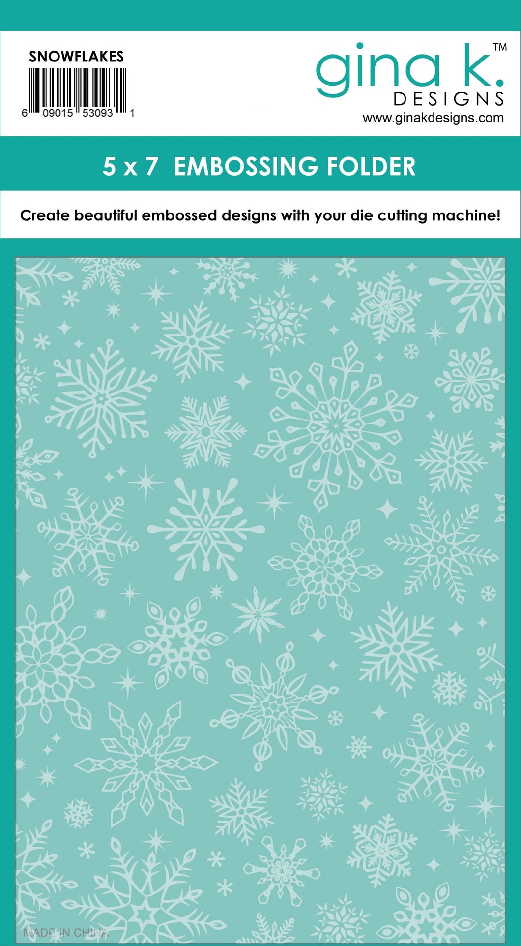 Gina K. Designs - Embossing Folder - Snowflakes. The embossing folders create deeply etched designs for a truly dimensional effect. They can also be used for a verity of fun cardmaking techniques. Embossing folders measure 5 x 7 inches. Available at Embellish Away located in Bowmanville Ontario Canada.