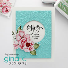गैलरी व्यूवर में इमेज लोड करें, Gina K. Designs - Embossing Folder - Tapestry. Our embossing folders create deeply etched designs for a truly dimensional effect. They can also be used for a verity of fun cardmaking techniques. Embossing folders measure 5 x 7 inches. Available at Embellish Away located in Bowmanville Ontario Canada.  Card example by brand ambassador.
