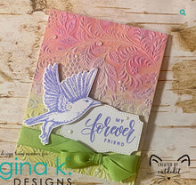 Load image into Gallery viewer, Gina K. Designs - Embossing Folder - Tapestry. Our embossing folders create deeply etched designs for a truly dimensional effect. They can also be used for a verity of fun cardmaking techniques. Embossing folders measure 5 x 7 inches. Available at Embellish Away located in Bowmanville Ontario Canada.  Card example by brand ambassador.
