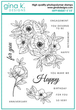 Load image into Gallery viewer, Gina K. Designs - Stamp - Happy Bouquet. Happy Bouquet is a stamp set by Arjita Singh. This set is made of premium clear photopolymer and measures 6&quot; X 8&quot;.   Made in the US. Available at Embellish Away located in Bowmanville Ontario Canada.
