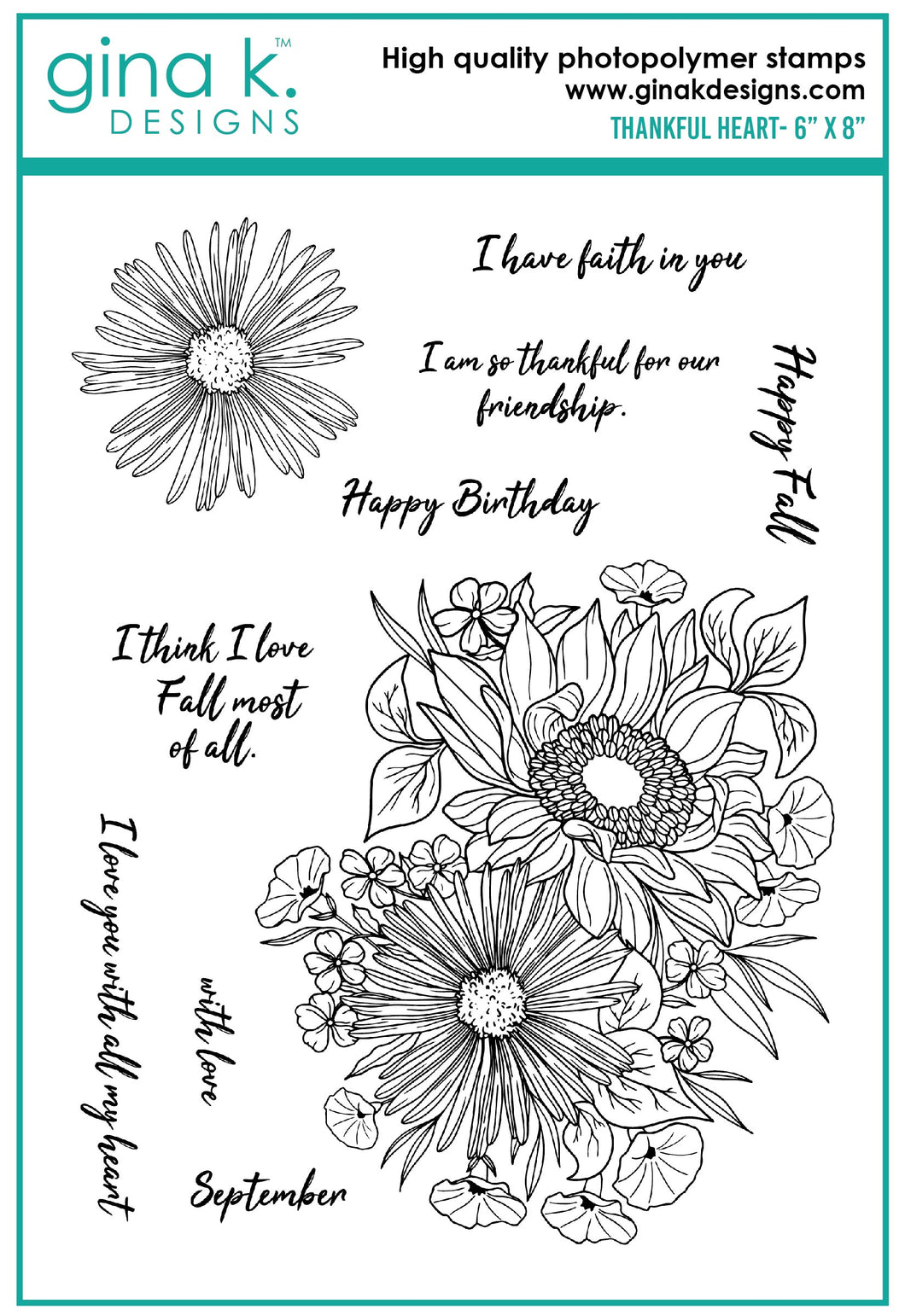 Gina K. Designs - Stamp Set - Thankful Heart. Thankful Heart is a stamp set by Hannah Drapinski. This set is made of premium clear photopolymer and measures 6