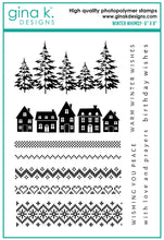 Load image into Gallery viewer, Gina K. Designs - Stamp - Winter Whimsy. Winter Whimsy is a stamp set by Gina K Designs. This set is made of premium clear photopolymer and measures 6&quot; X 8&quot;.   Made in the USA  *Originally Included with the Winter Whimsy kit* Available at Embellish Away located in Bowmanville Ontario Canada.
