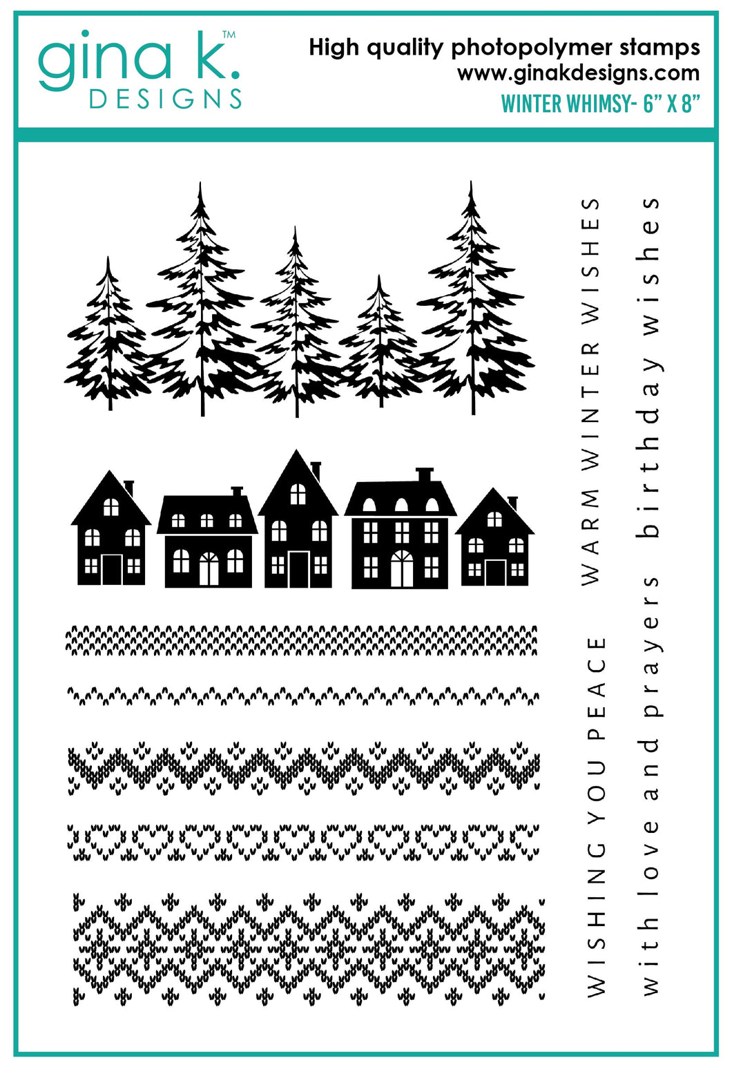 Gina K. Designs - Stamp - Winter Whimsy. Winter Whimsy is a stamp set by Gina K Designs. This set is made of premium clear photopolymer and measures 6