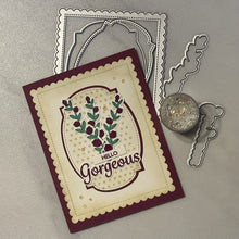Load image into Gallery viewer, Gina K. Designs - Stamp &amp; Die Set - Positive Greetings. Positive Greetings is a stamp set by Debrah Warner. Use the die cuts to easily cut out your script to create layers and dimensions. Made in the USA. Made in the USA. Available at Embellish Away located in Bowmanville Ontario Canada. Card design by brand ambassador.
