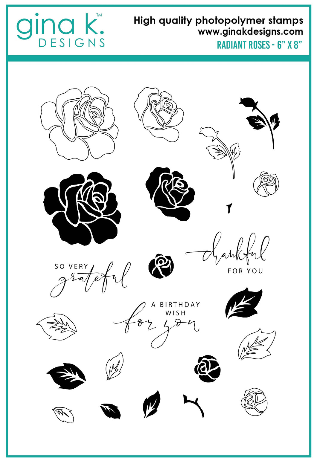 Gina K. Designs - Stamp & Die Set - Radiant Roses. This set is by Gina K Designs. The stamp set is made of premium clear photopolymer and measures 6