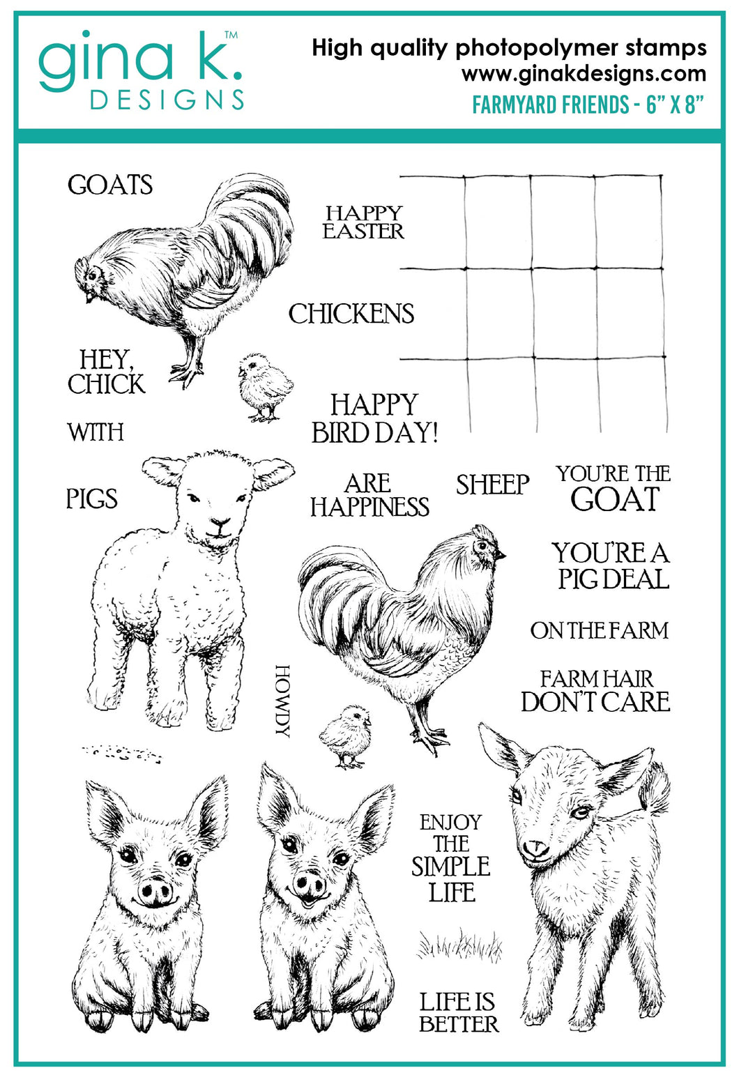 Gina K. Designs - Stamps - Farmyard Friends. Melanie Muenchinger’s realistic nature series continues with Farmyard Friends! You will love using these 8 farmyard animals plus scene building grass, dirt and wire fence images. Available at Embellish Away located in Bowmanville Ontario Canada.