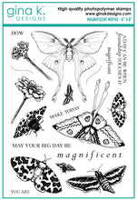 Load image into Gallery viewer, Gina K. Designs - Stamps - Magnificent Moths. Magnificent Moths is a stamp set by artist Melanie Muenchinger.  Melanie’s realistic, hand drawn images of nature’s most beautiful creatures continues with Magnificent Moths! Available at Embellish Away located in Bowmanville Ontario Canada.
