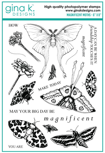Gina K. Designs - Stamps - Magnificent Moths. Magnificent Moths is a stamp set by artist Melanie Muenchinger.  Melanie’s realistic, hand drawn images of nature’s most beautiful creatures continues with Magnificent Moths! Available at Embellish Away located in Bowmanville Ontario Canada.