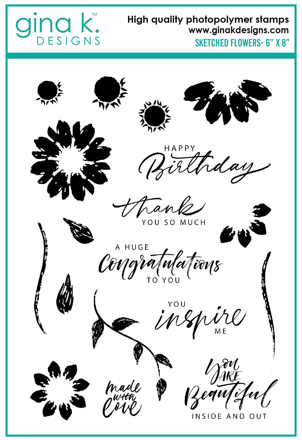 Gina K. Designs - Stamps - Sketched Flowers. Sketched Flowers is a stamp set by Gina K Designs. This set is made of premium clear photopolymer and measures 6