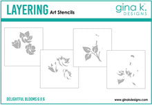 Load image into Gallery viewer, Gina K. Designs - Stencil - Delightful Blooms. Gina K. Designs Art Screens can be used with ink, sprays, pastes, and gels to create beautiful backgrounds and images. Layer stencils together for more options. Wash with soap and warm water. Pat dry. Available at Embellish Away located in Bowmanville Ontario Canada.
