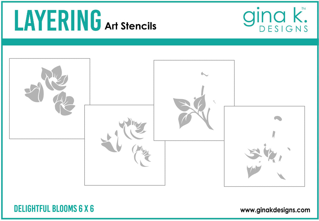 Gina K. Designs - Stencil - Delightful Blooms. Gina K. Designs Art Screens can be used with ink, sprays, pastes, and gels to create beautiful backgrounds and images. Layer stencils together for more options. Wash with soap and warm water. Pat dry. Available at Embellish Away located in Bowmanville Ontario Canada.