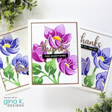 Cargar imagen en el visor de la galería, Gina K. Designs - Stencil - Delightful Blooms. Gina K. Designs Art Screens can be used with ink, sprays, pastes, and gels to create beautiful backgrounds and images. Layer stencils together for more options. Wash with soap and warm water. Pat dry. Available at Embellish Away located in Bowmanville Ontario Canada. card design by brand ambassador.
