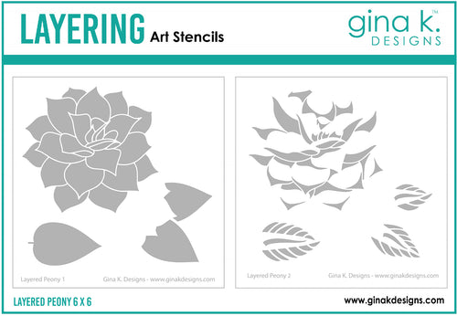 Gina K. Designs - Stencil - Layered Peony. Gina K. Designs Art Screens can be used with ink, sprays, pastes, and gels to create beautiful backgrounds and images. Layer stencils together for more options. Available at Embellish Away located in Bowmanville Ontario Canada.