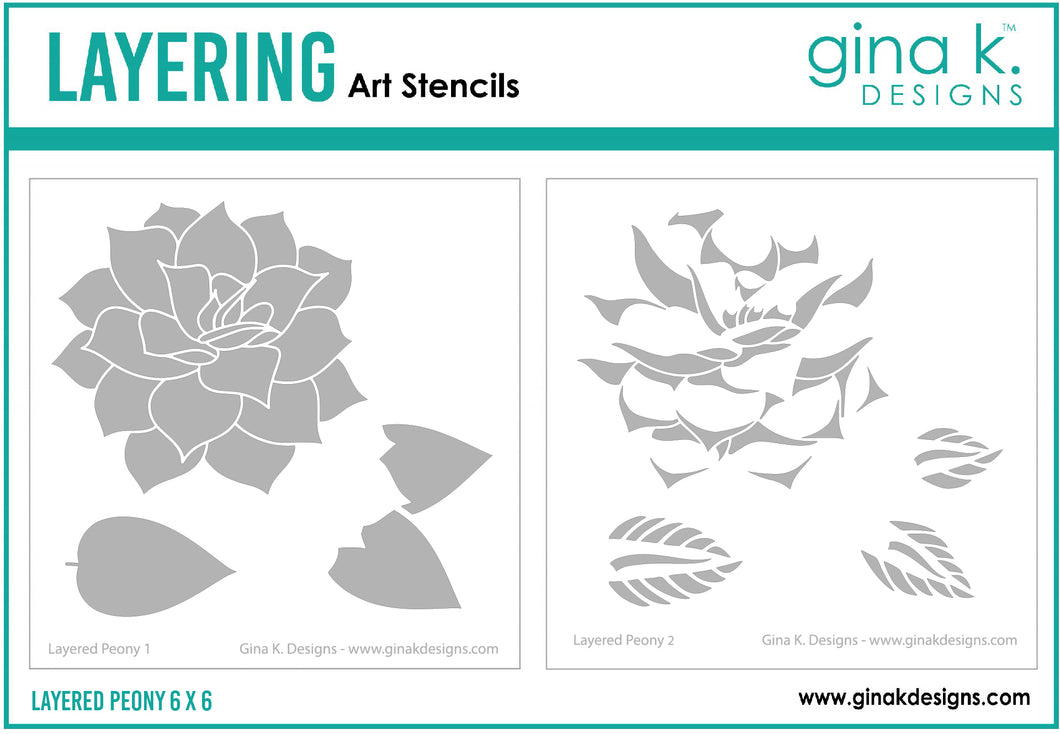 Gina K. Designs - Stencil - Layered Peony. Gina K. Designs Art Screens can be used with ink, sprays, pastes, and gels to create beautiful backgrounds and images. Layer stencils together for more options. Available at Embellish Away located in Bowmanville Ontario Canada.
