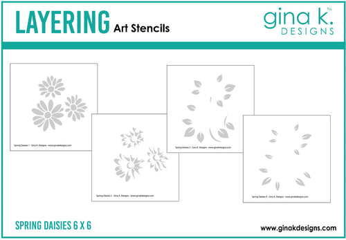 Gina K. Designs - Stencil - Layered Spring Daisies. Gina K. Designs Art Screens can be used with ink, sprays, pastes, and gels to create beautiful backgrounds and images. Layer stencils together for more options. Available at Embellish Away located in Bowmanville Ontario Canada.