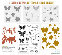Charger l&#39;image dans la galerie, Gina K. Designs - Stencil Bundle - Fluttering Fall Layering Stencil Bundle. Our biggest layering stencil set ever! Get creative with this three piece layering stencil set with coordinating die sets and mini stamp set. Gina K. Designs Art Screens can be used with ink, sprays, pastes, and gels to create beautiful backgrounds and images. Wash with soap and warm water. Pat dry. Available at Embellish Away located in Bowmanville Ontario Canada.
