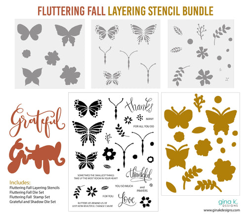 Gina K. Designs - Stencil Bundle - Fluttering Fall Layering Stencil Bundle. Our biggest layering stencil set ever! Get creative with this three piece layering stencil set with coordinating die sets and mini stamp set. Gina K. Designs Art Screens can be used with ink, sprays, pastes, and gels to create beautiful backgrounds and images. Wash with soap and warm water. Pat dry. Available at Embellish Away located in Bowmanville Ontario Canada.