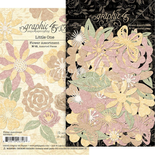 Graphic 45 - Flower Assortment - Little One. The perfect addition to all your paper crafting projects! Includes 78 die-cut assorted pieces. Available at Embellish Away located in Bowmanville Ontario Canada.