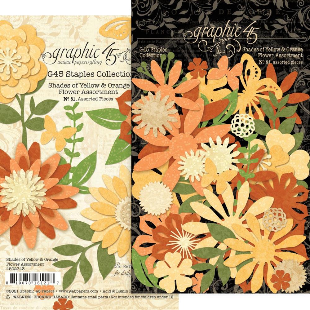 Graphic 45 - Staples Flower Assortment - Shades Of Yellow & Orange. Available at Embellish Away located in Bowmanville Ontario Canada.