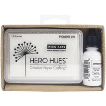 Load image into Gallery viewer, Hero Arts - Dye Ink Pad + Reinker Bundle - Unicorn White. Our best-selling Unicorn White pigment ink in a convenient bundle including both a full-sized pad and a reinker, packaged in a recycled paper tray. Made in the USA. Available at Embellish Away located in Bowmanville Ontario Canada.
