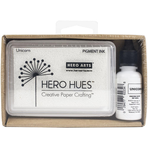 Hero Arts - Dye Ink Pad + Reinker Bundle - Unicorn White. Our best-selling Unicorn White pigment ink in a convenient bundle including both a full-sized pad and a reinker, packaged in a recycled paper tray. Made in the USA. Available at Embellish Away located in Bowmanville Ontario Canada.